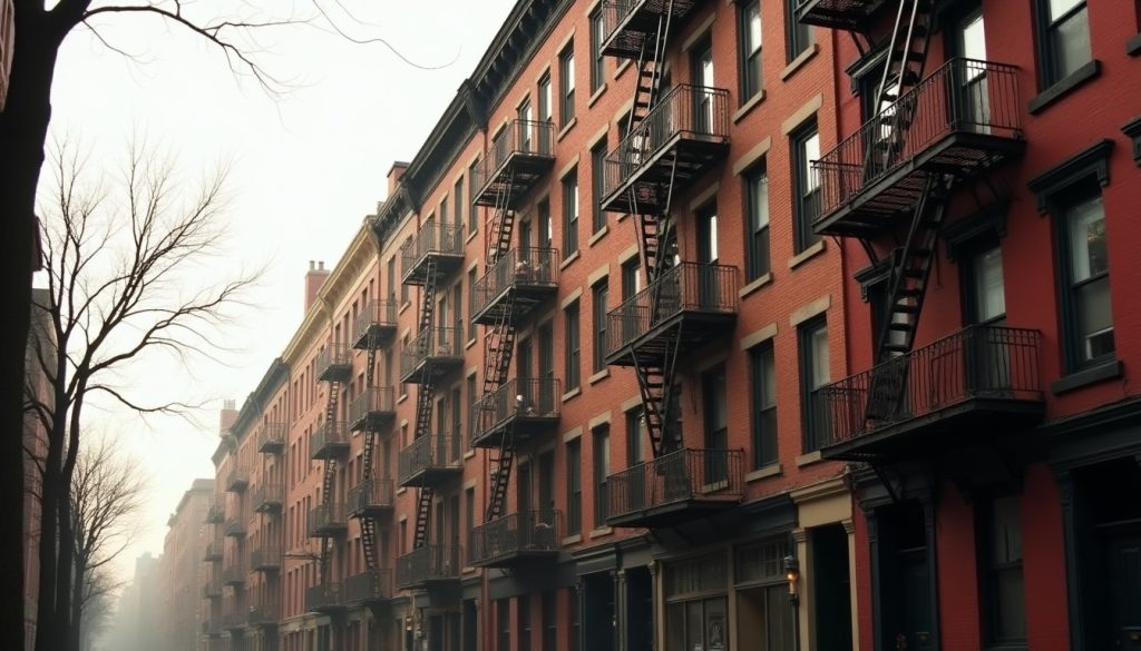 Row of older brick apartment buildings with fire escapes on a New York residential street