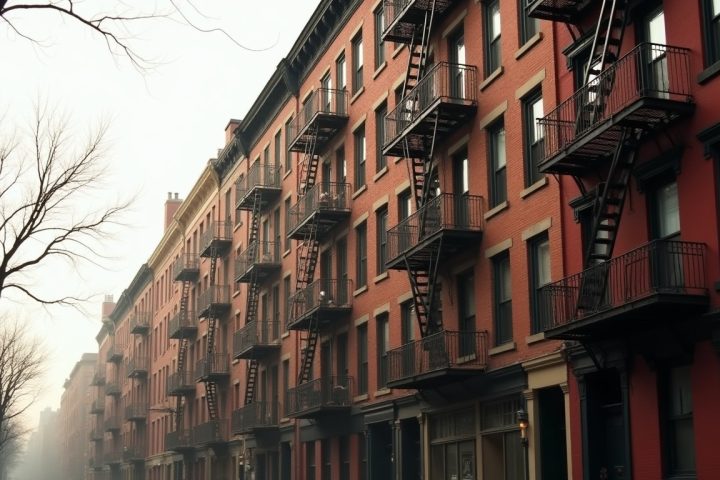 Row of older brick apartment buildings with fire escapes on a New York residential street