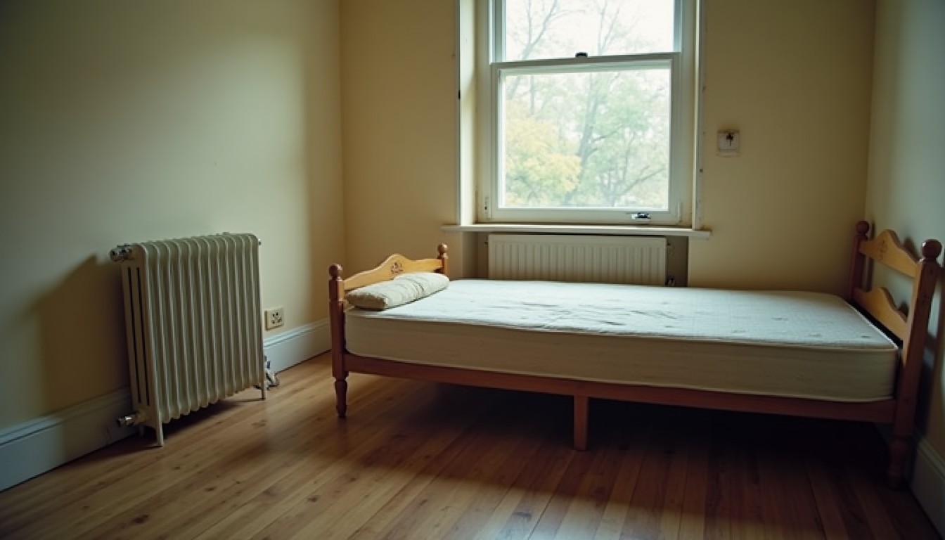 Plainly furnished rented bedroom with a bare mattress, a radiator under the window and worn floorboards