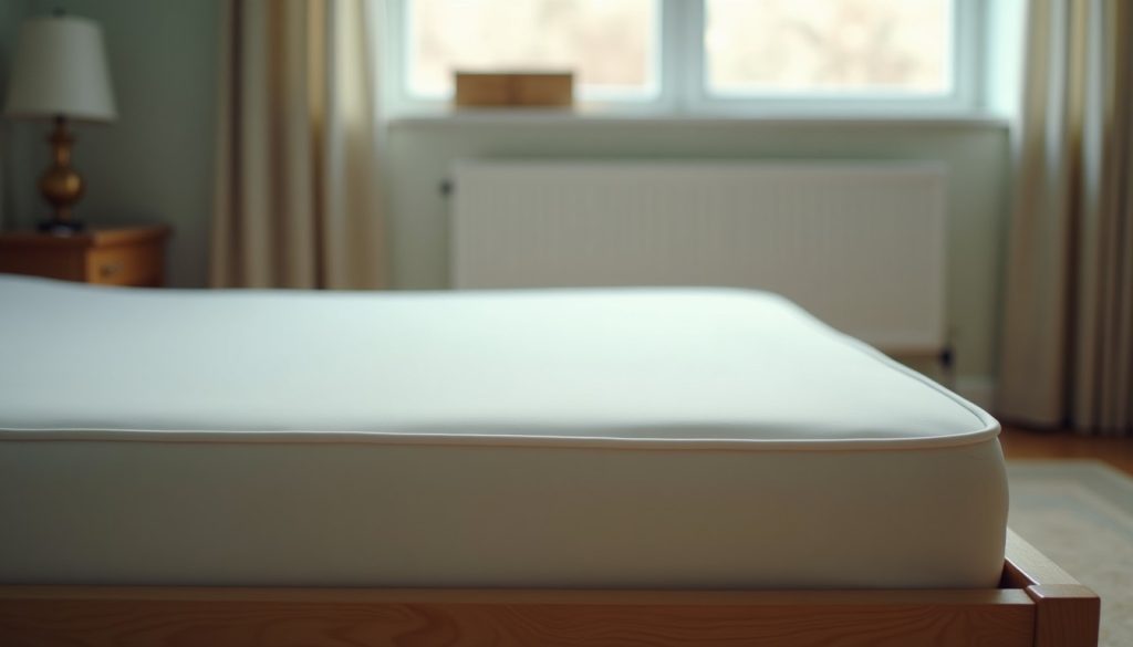 Bare mattress on a wooden bed frame in a plainly furnished bedroom in daylight