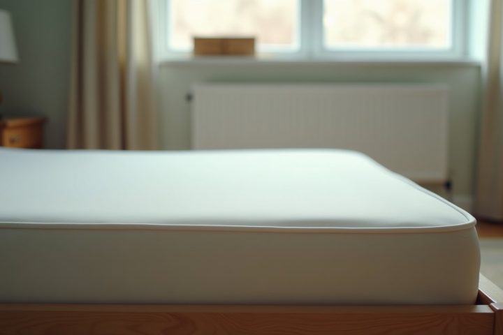 Bare mattress on a wooden bed frame in a plainly furnished bedroom in daylight