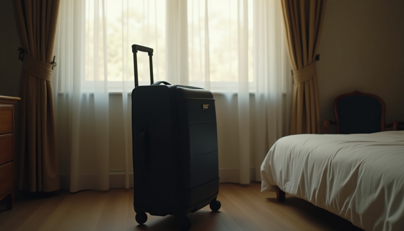 Dark suitcase standing upright on the floor of a tidy bedroom with morning light through sheer curtains