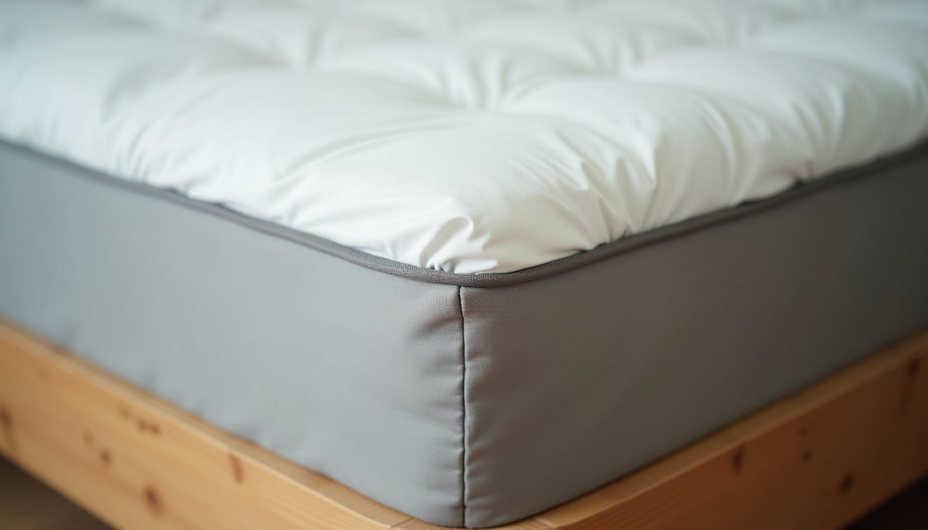 Close view of the corner seam and piping of a plain light grey mattress against a wooden bed frame joint