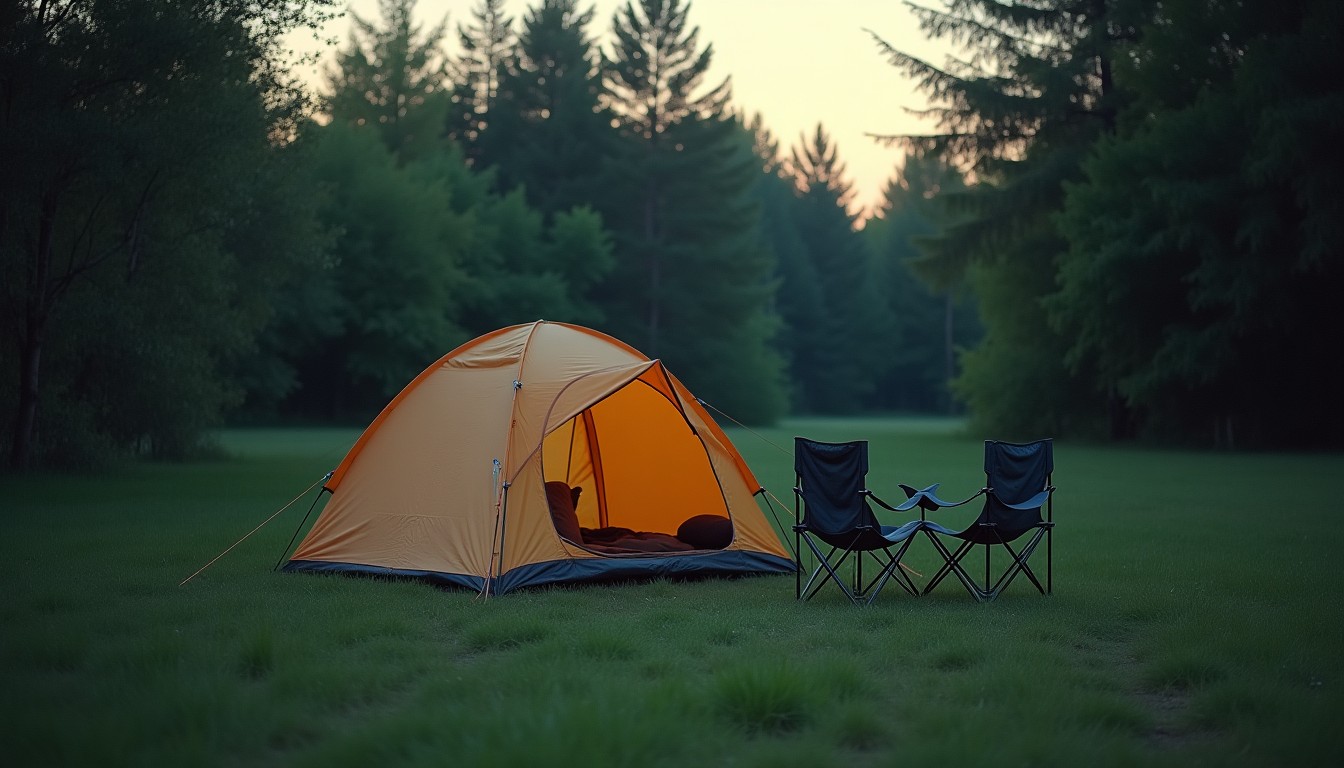 Tent pitched on grass at the edge of woodland in the early evening with camp chairs beside it
