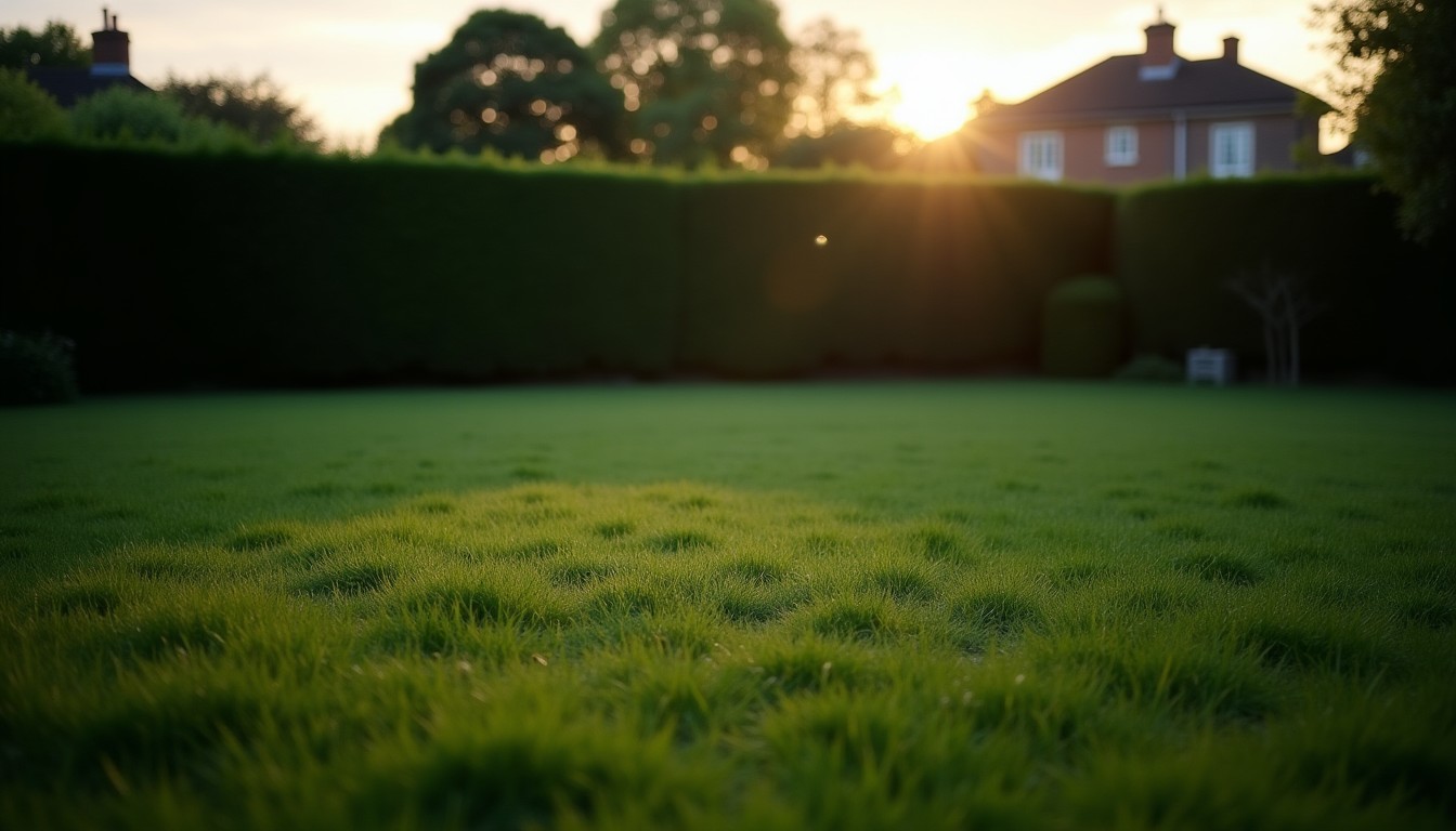 Back garden lawn at dusk in summer with long shadows and a hedge behind
