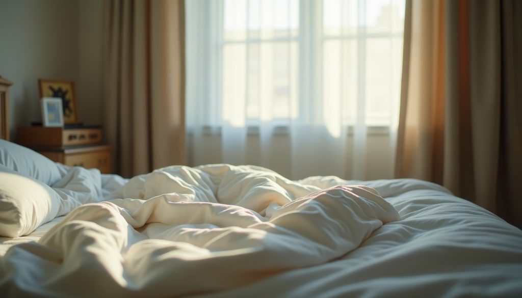 Unmade bed with rumpled white sheets in morning light with curtains half drawn