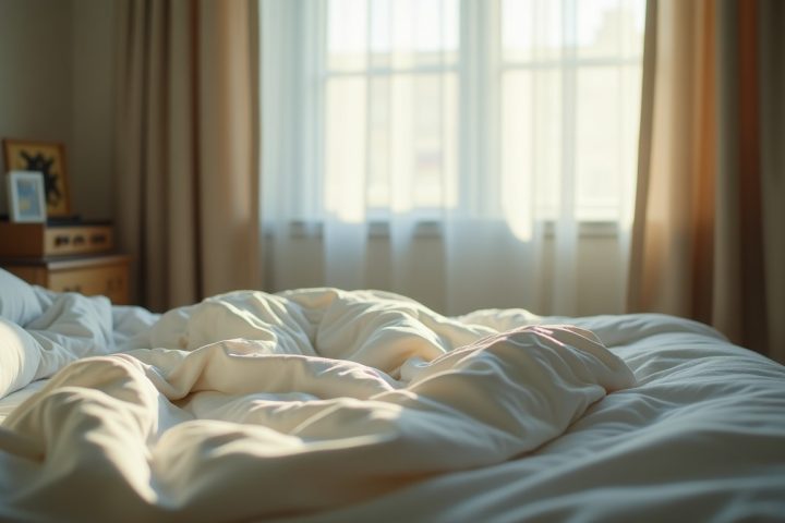 Unmade bed with rumpled white sheets in morning light with curtains half drawn