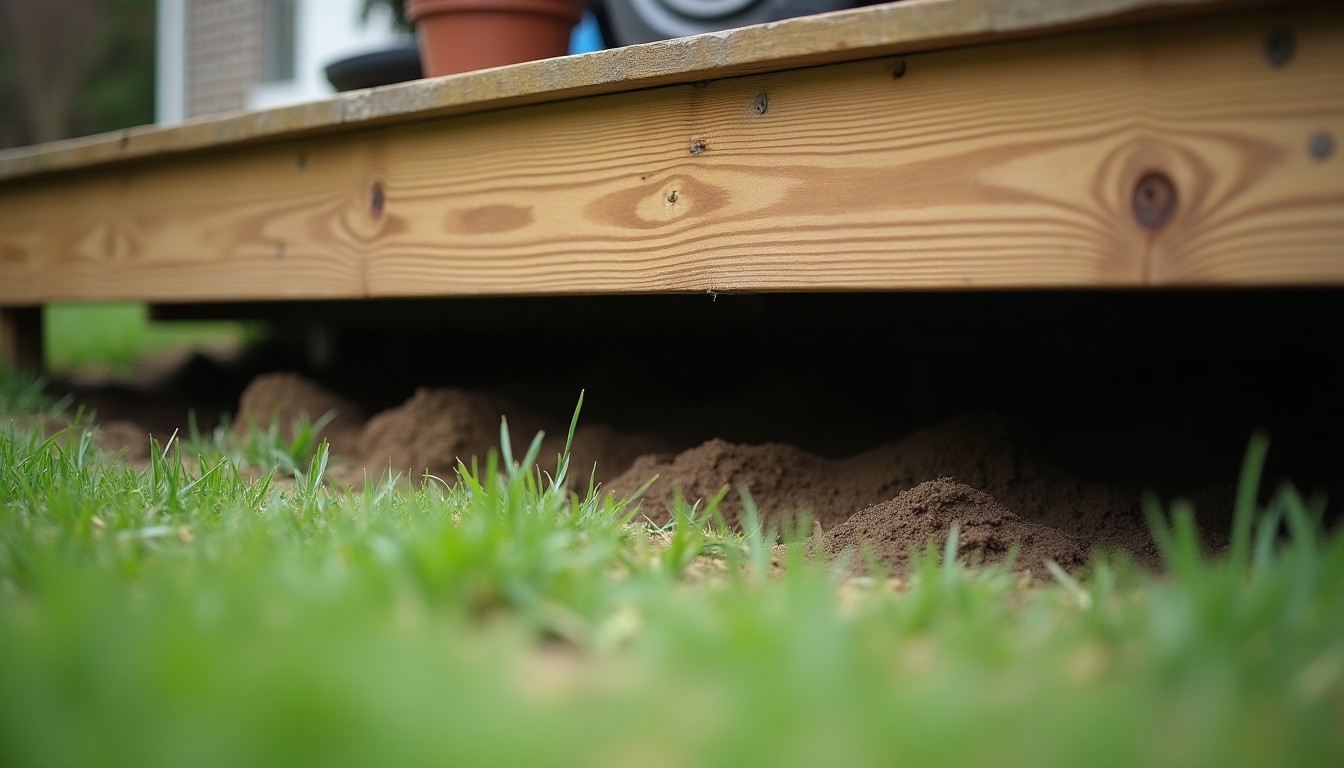 Underside edge of a wooden deck where it meets the lawn with soil excavated and a gap dug beneath the boards