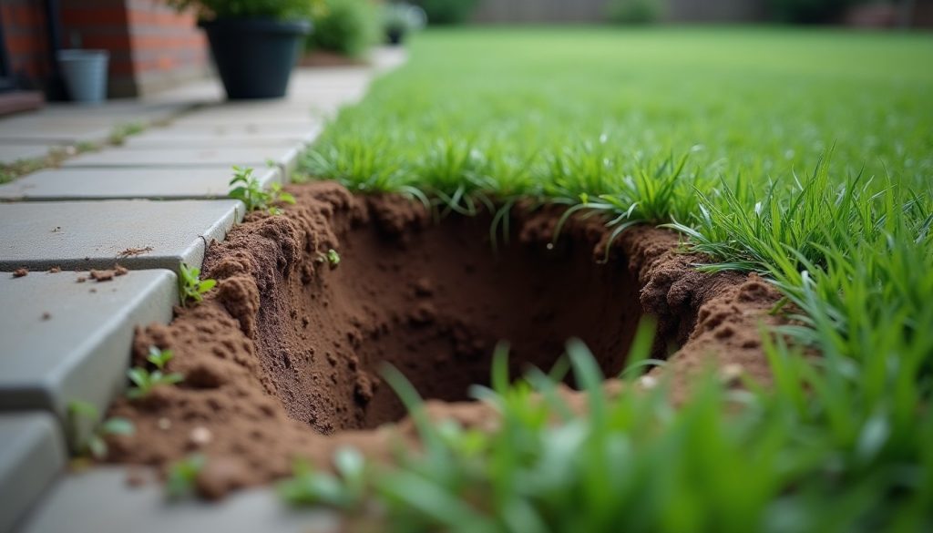 Burrow entrance in a lawn beside a concrete patio edge with fresh soil pushed out around it