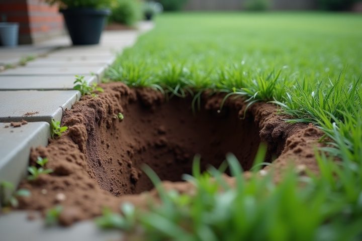 Burrow entrance in a lawn beside a concrete patio edge with fresh soil pushed out around it
