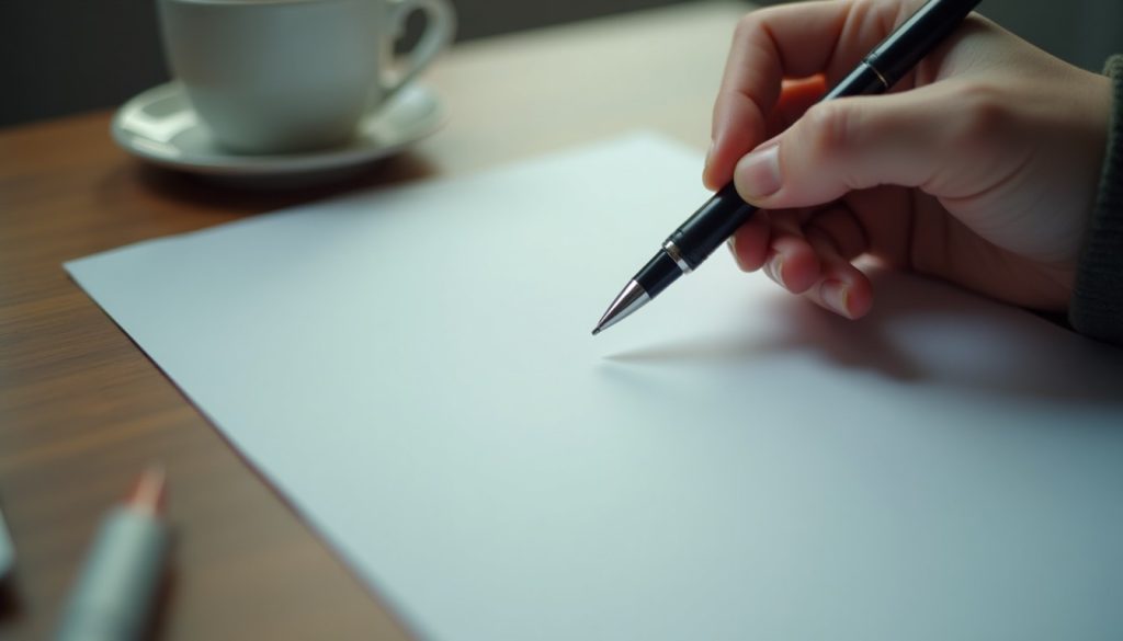 A hand holding a pen over a blank sheet of paper on a table beside a coffee mug