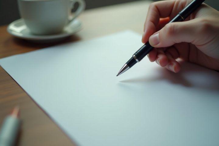 A hand holding a pen over a blank sheet of paper on a table beside a coffee mug