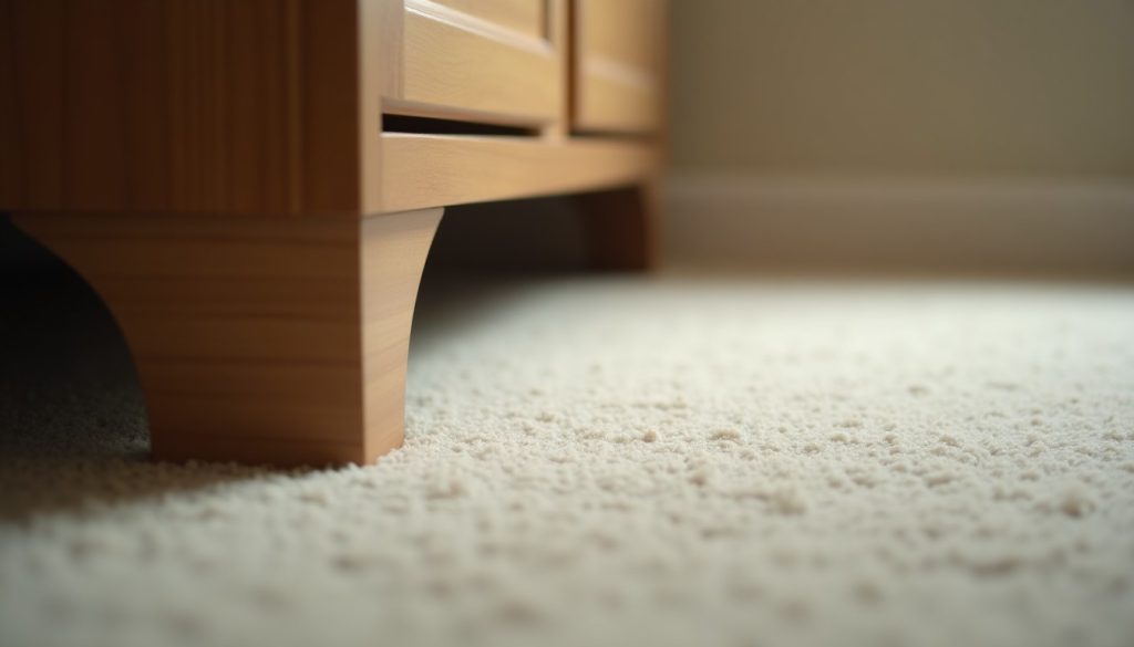 Edge of a wool carpet meeting a skirting board with furniture lifted aside, where carpet beetle larvae feed