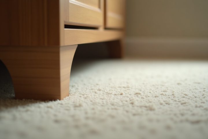 Edge of a wool carpet meeting a skirting board with furniture lifted aside, where carpet beetle larvae feed