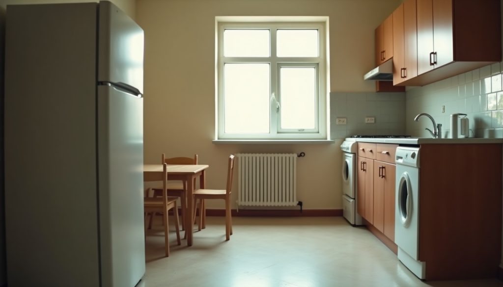 A clean empty kitchen in a modest apartment, the setting where cockroach allergen accumulates in dust