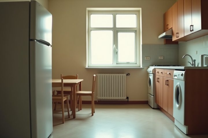A clean empty kitchen in a modest apartment, the setting where cockroach allergen accumulates in dust