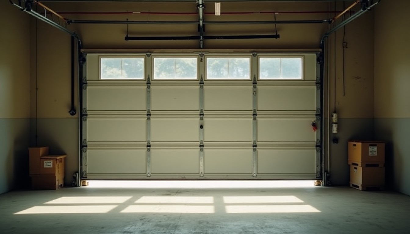 Garage door seen from inside with daylight showing along the gap at the bottom, concrete floor, plain and empty