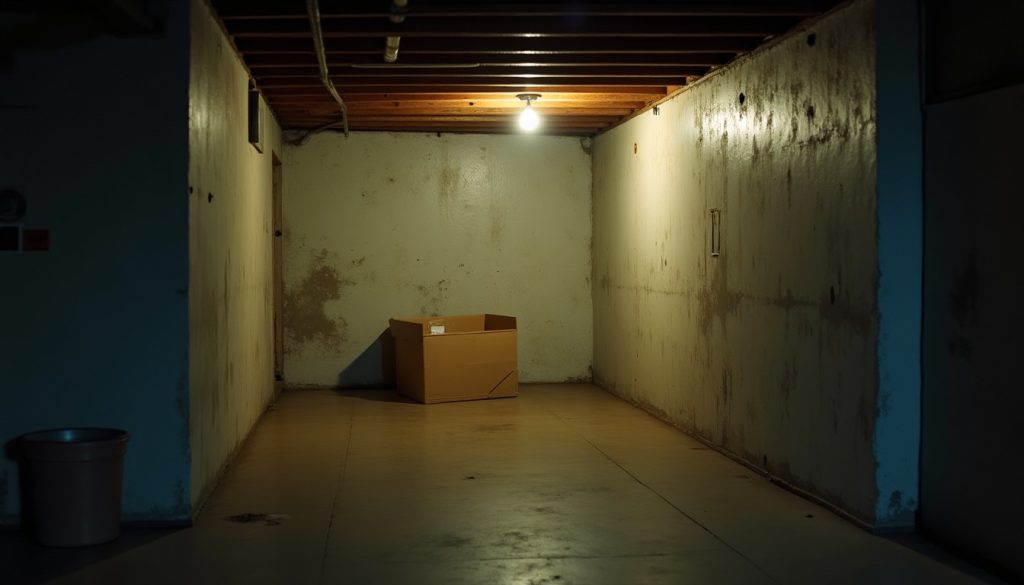 Dim unfinished basement corner with exposed joists, a cardboard box and a damp concrete floor