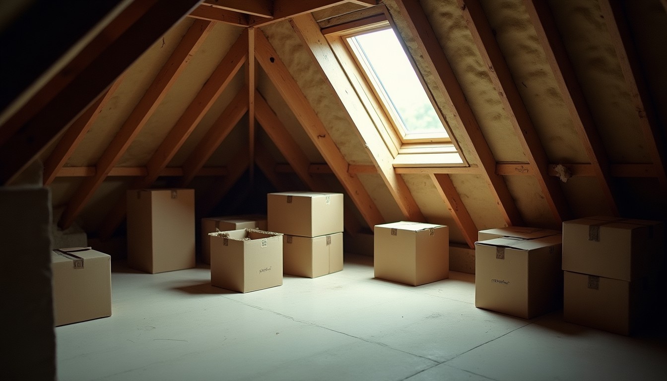 Attic space with exposed rafters, a roof light and stacked storage boxes