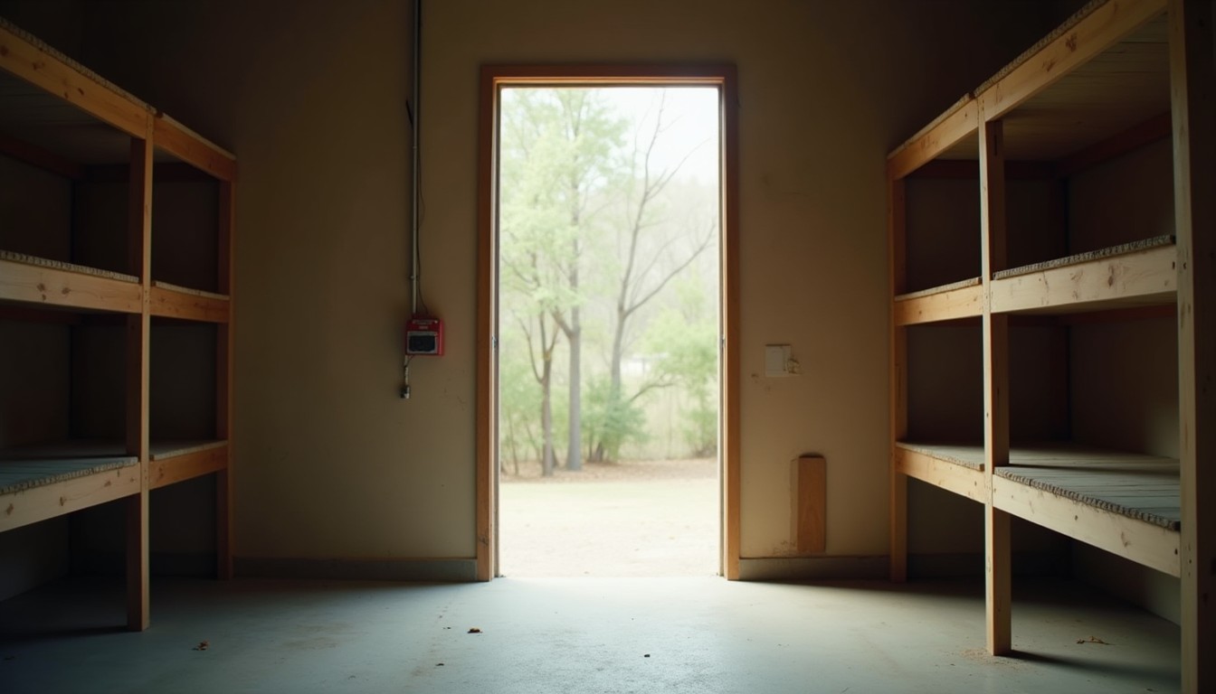Garage shelf and the floor beneath it with a little dust and debris in daylight from an open door