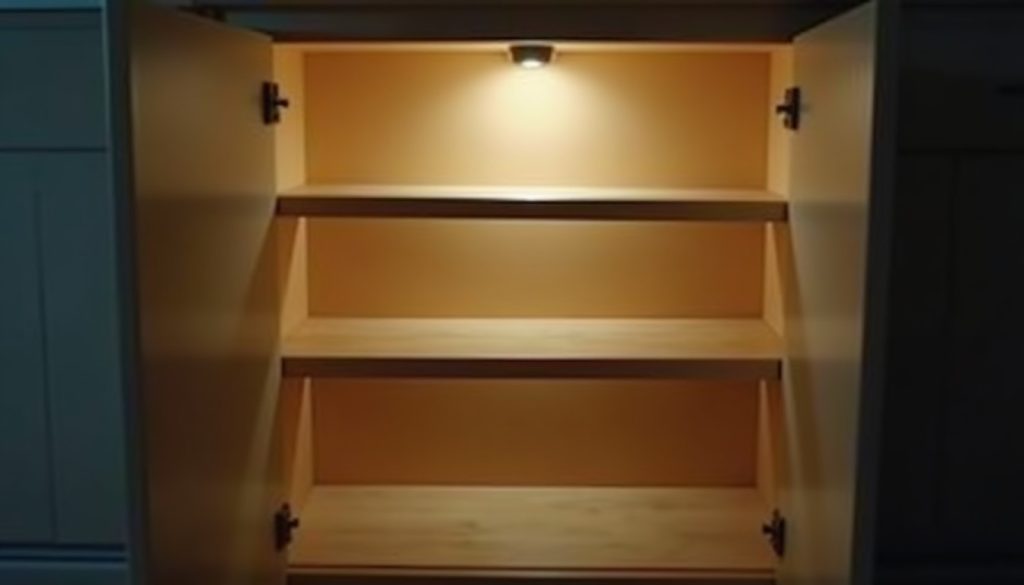 Inside of an empty kitchen cabinet with the door open and light falling across the shelves