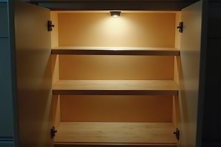 Inside of an empty kitchen cabinet with the door open and light falling across the shelves