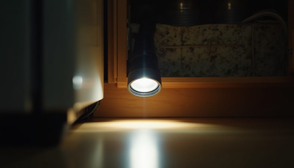 Torch beam illuminating the gap behind a kitchen appliance during a pest inspection