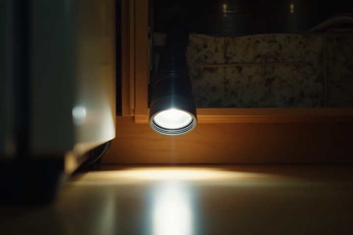 Torch beam illuminating the gap behind a kitchen appliance during a pest inspection