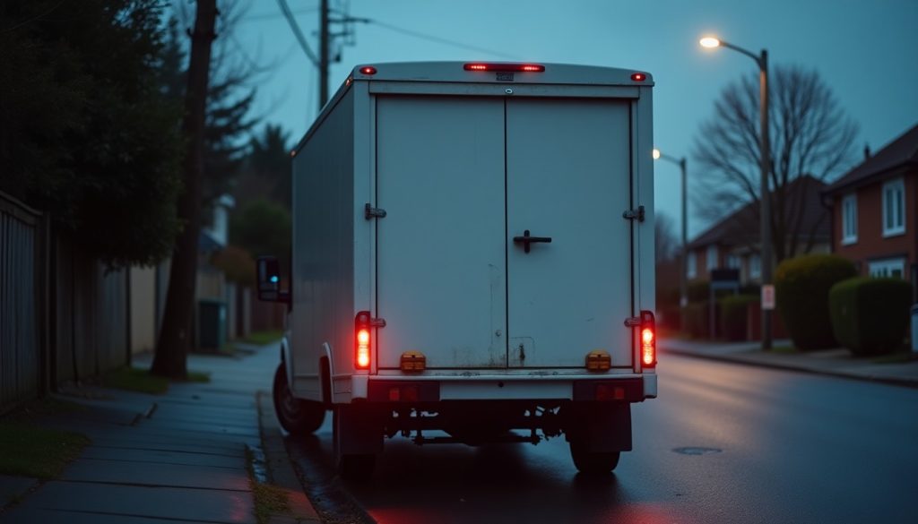 Unmarked white service van parked at a suburban kerb at dusk with rear doors open on an urgent call