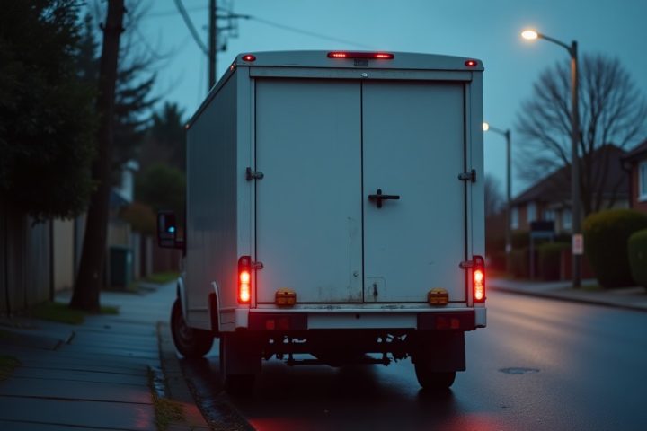Unmarked white service van parked at a suburban kerb at dusk with rear doors open on an urgent call