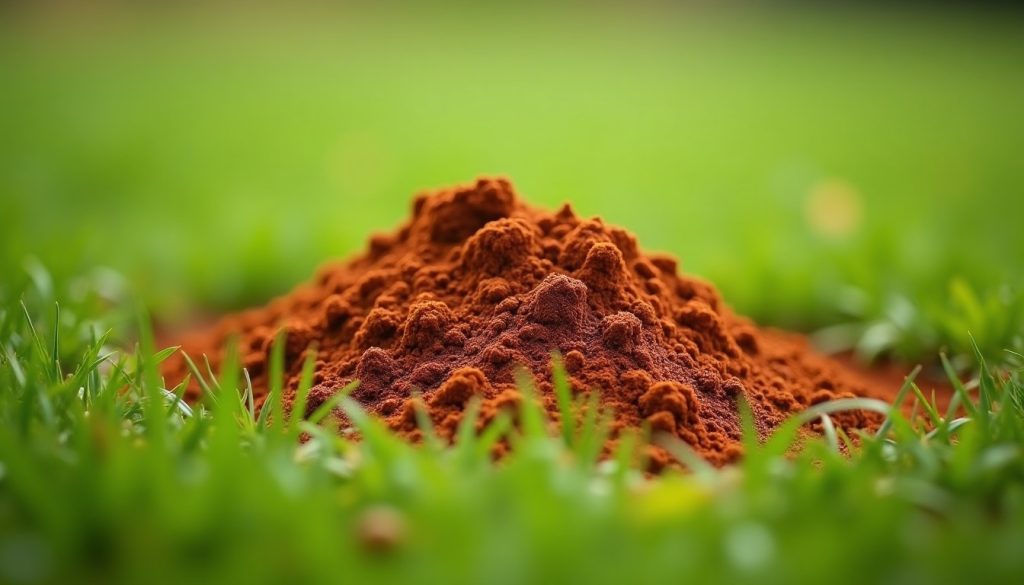 Mound of loose reddish soil raised in a patch of green lawn grass
