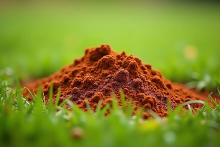 Mound of loose reddish soil raised in a patch of green lawn grass