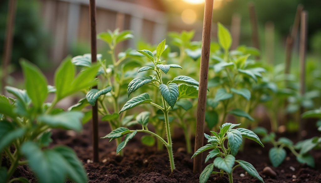 Domestic vegetable garden bed in summer with staked tomato plants and some chewed leaves