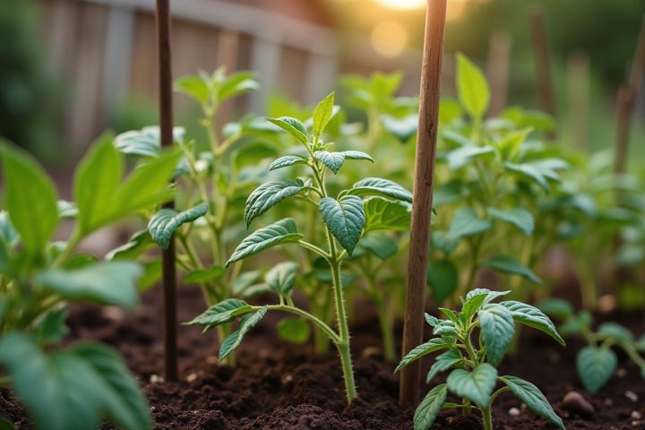 Domestic vegetable garden bed in summer with staked tomato plants and some chewed leaves