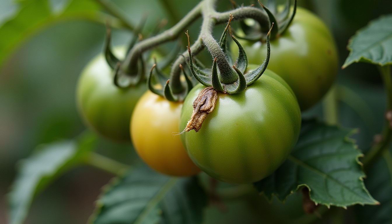 Close view of tomato plant foliage and green fruit with damaged curled leaves