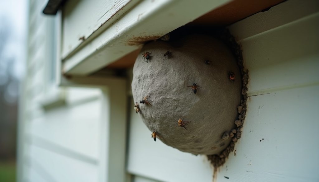 Grey papery wasp nest built under the eaves of a house with a few wasps on its surface