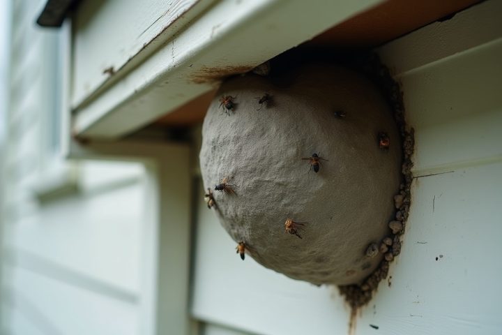 Grey papery wasp nest built under the eaves of a house with a few wasps on its surface