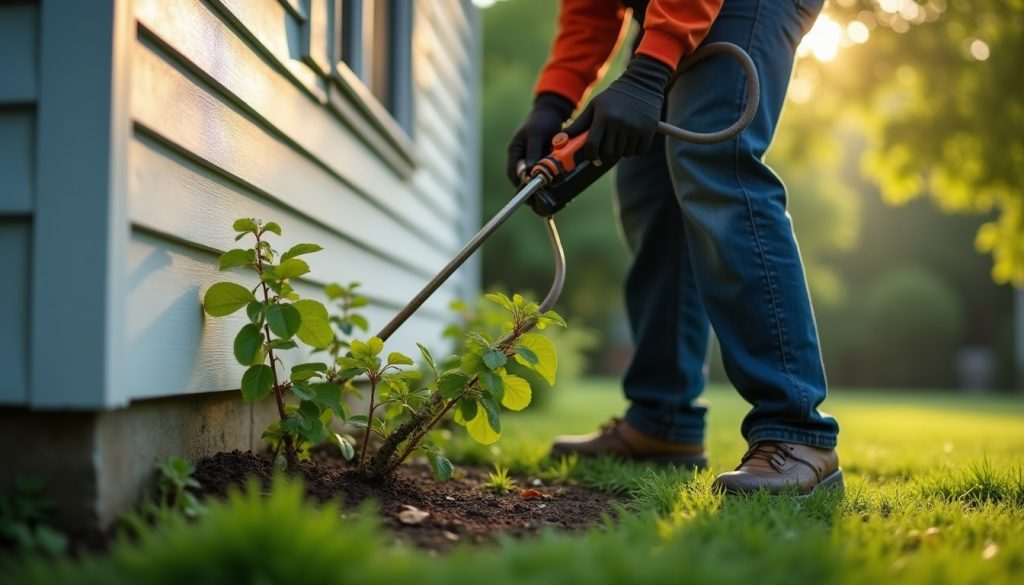 Technician applying a targeted treatment at the base of a garden shrub beside a house foundation