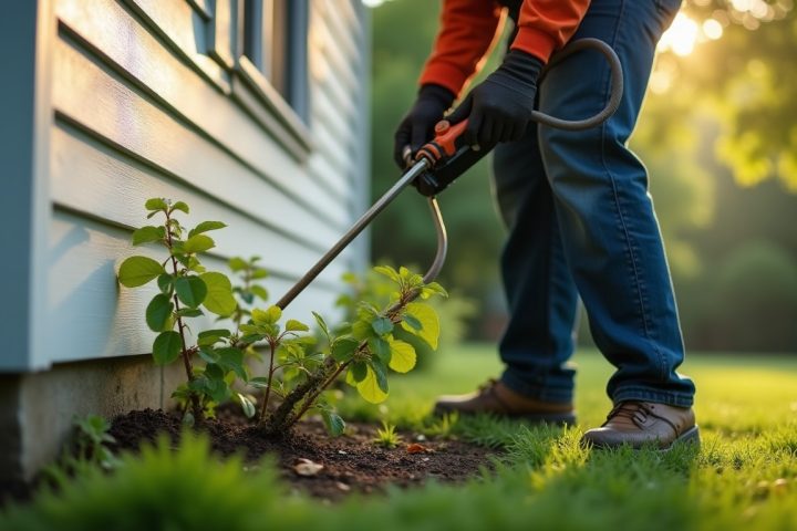 Technician applying a targeted treatment at the base of a garden shrub beside a house foundation