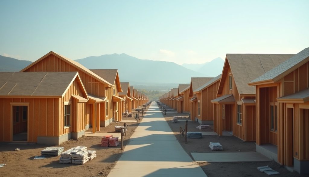 New timber-framed houses under construction in a growing suburban development