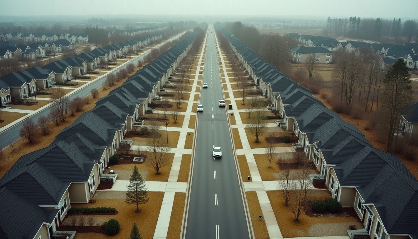 Aerial view of a newly built suburban subdivision with curving streets and young trees