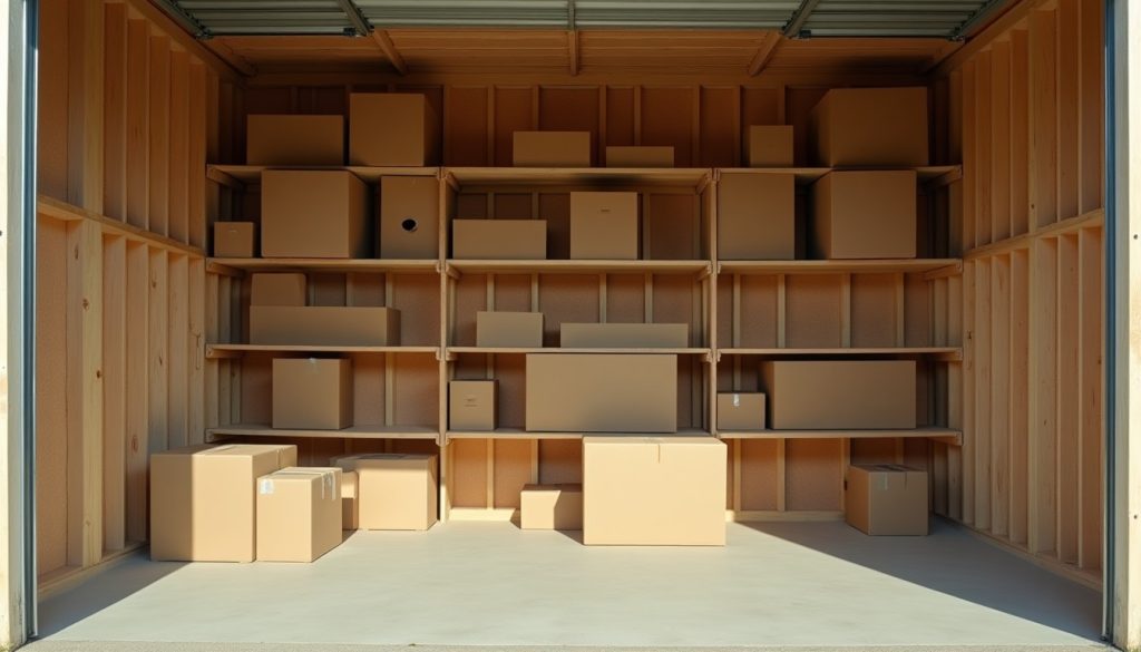 Open garage or storage unit with plain cardboard boxes stacked on wooden shelving in daylight