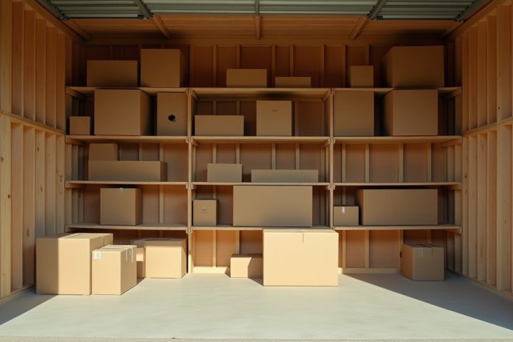 Open garage or storage unit with plain cardboard boxes stacked on wooden shelving in daylight