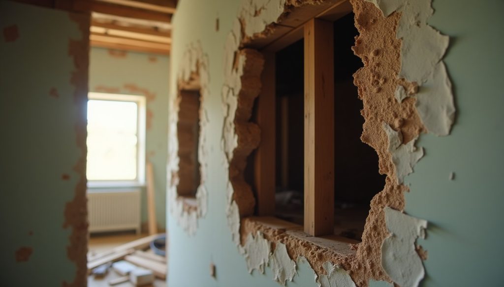 Damaged hollowed timber beam exposed behind an opened interior wall