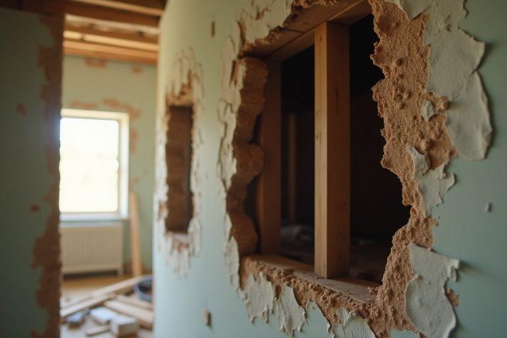 Damaged hollowed timber beam exposed behind an opened interior wall