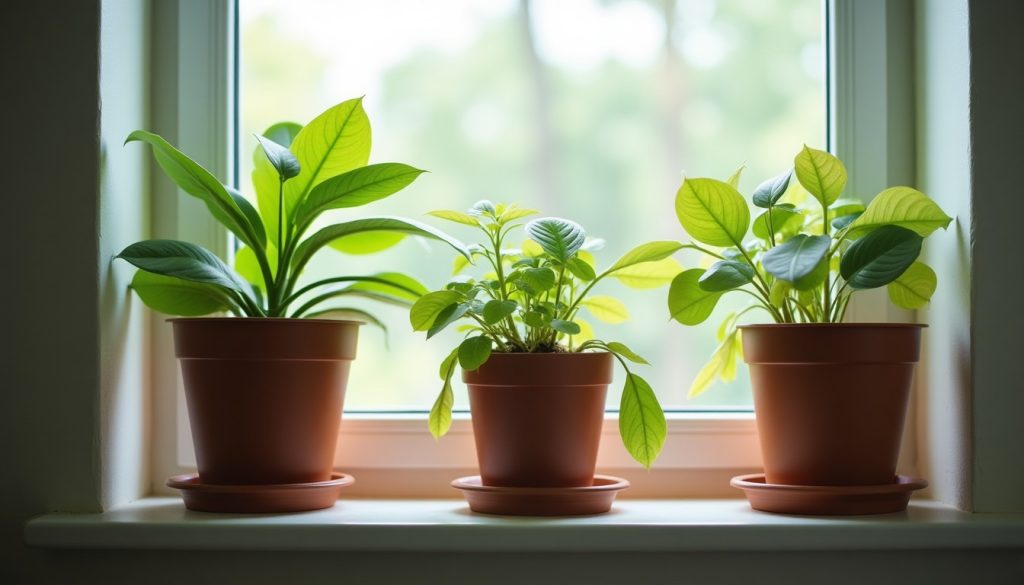 Potted houseplants on a bright windowsill, one with yellowing speckled leaves