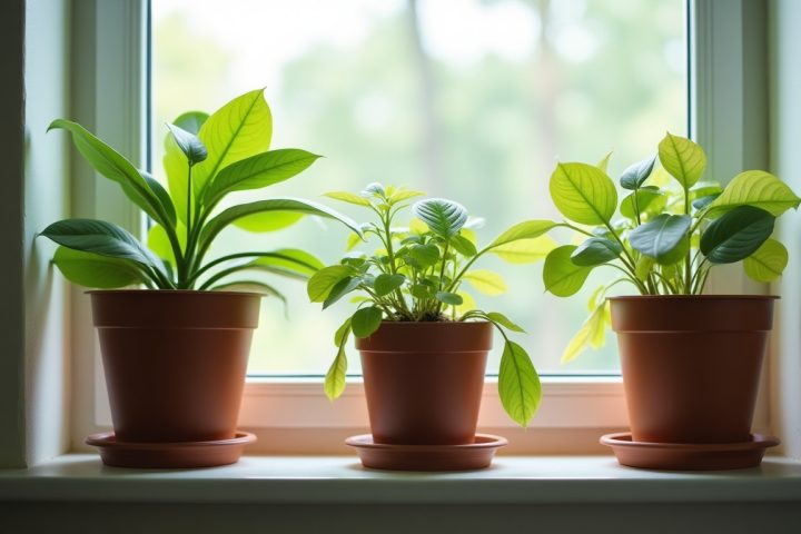Potted houseplants on a bright windowsill, one with yellowing speckled leaves