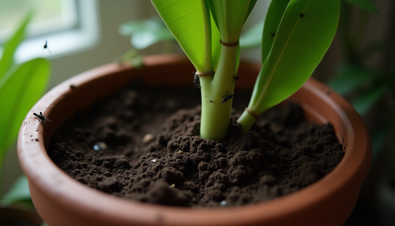 Close view of the dark damp soil surface of a potted houseplant with small flying insects above it