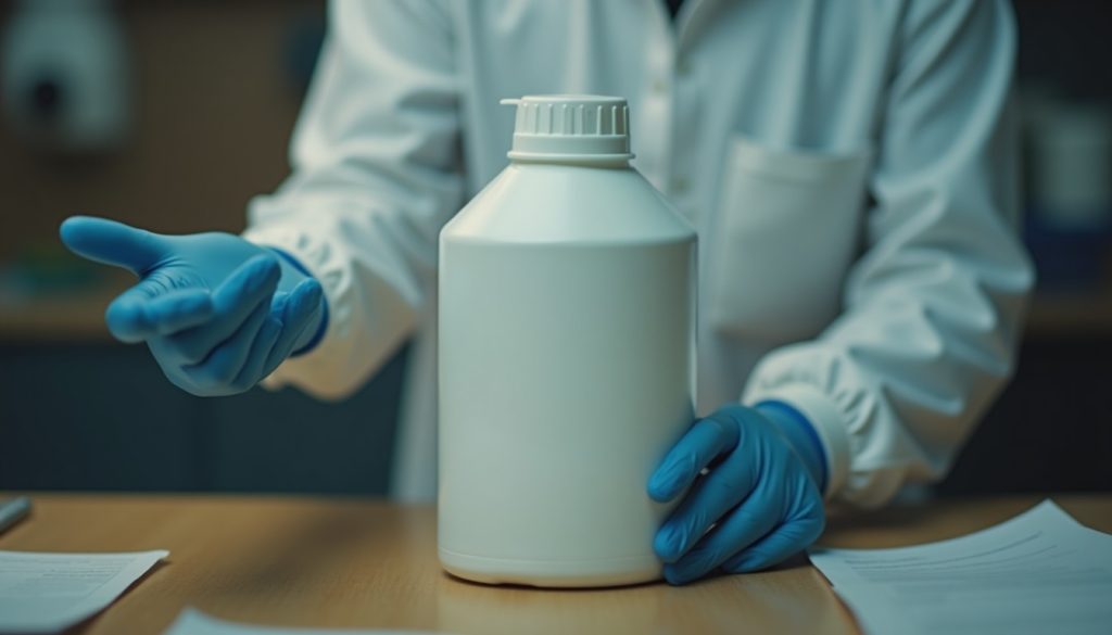 Gloved hands holding a plain chemical container while reading the product label at a workbench