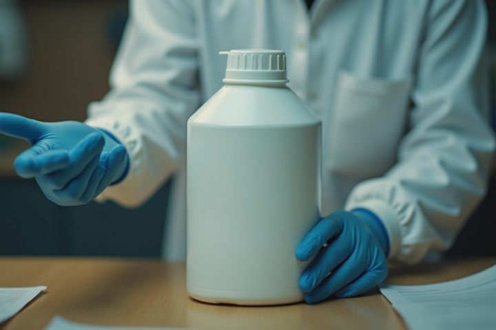 Gloved hands holding a plain chemical container while reading the product label at a workbench